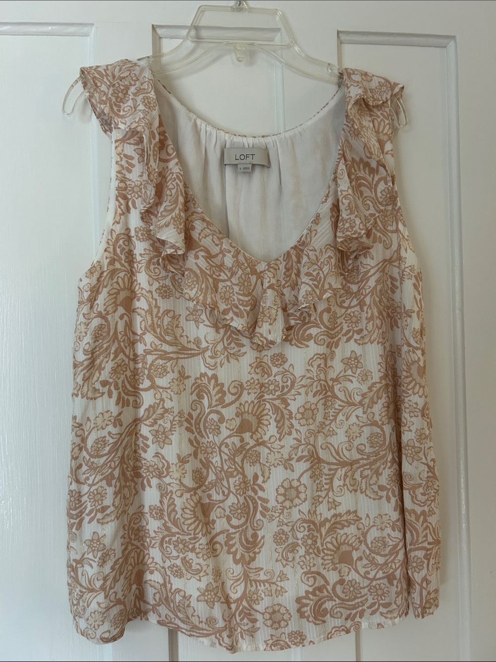 LOFT Cream & Tan Floral Ruffle V-Neck Shell